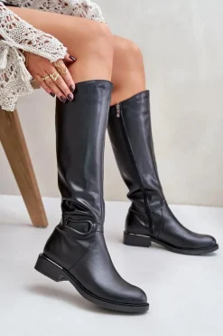 Zazoo Kozaki Ocieplane|Kozaki Płaskie*70140 Skórzane Kozaki Damskie Przed Kolano Ocieplane Czarne Czarny