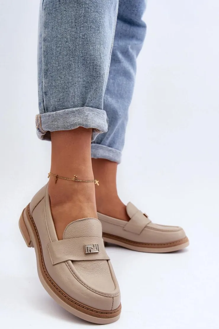 Zazoo Loafersy Damskie|Mokasyny Płaskie*20165 Skórzane Mokasyny Damskie Beżowe Beżowy
