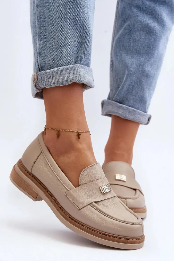Zazoo Loafersy Damskie|Mokasyny Płaskie*20165 Skórzane Mokasyny Damskie Beżowe Beżowy