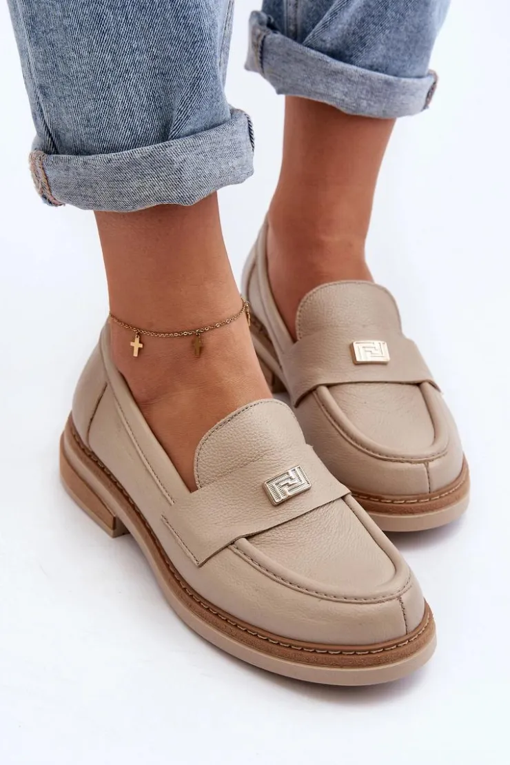 Zazoo Loafersy Damskie|Mokasyny Płaskie*20165 Skórzane Mokasyny Damskie Beżowe Beżowy