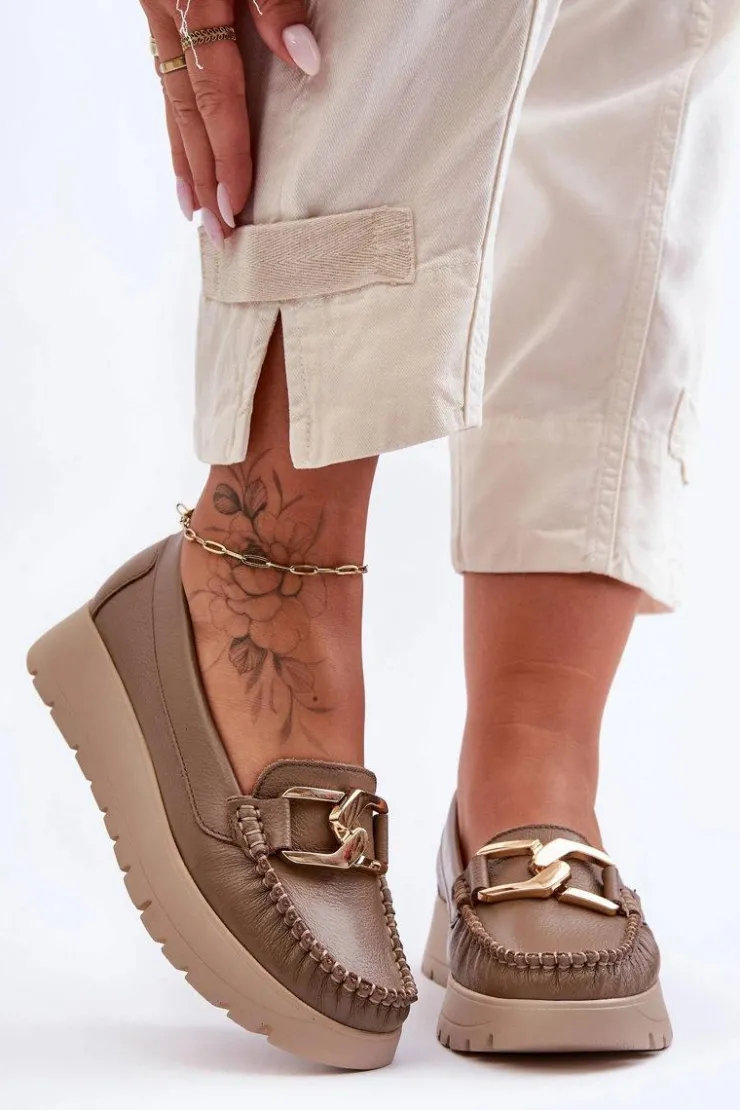 Online Zazoo 10141 Skórzane Mokasyny Na Platformie Z Ozdobą Ciemnobeżowe