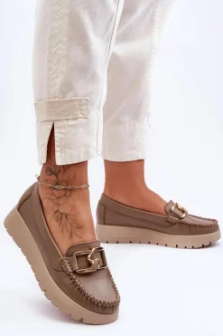 Online Zazoo 10141 Skórzane Mokasyny Na Platformie Z Ozdobą Ciemnobeżowe