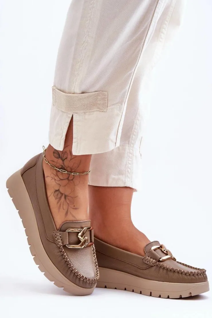 Online Zazoo 10141 Skórzane Mokasyny Na Platformie Z Ozdobą Ciemnobeżowe