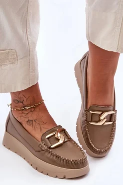 Online Zazoo 10141 Skórzane Mokasyny Na Platformie Z Ozdobą Ciemnobeżowe