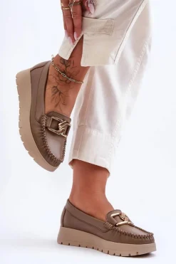 Online Zazoo 10141 Skórzane Mokasyny Na Platformie Z Ozdobą Ciemnobeżowe