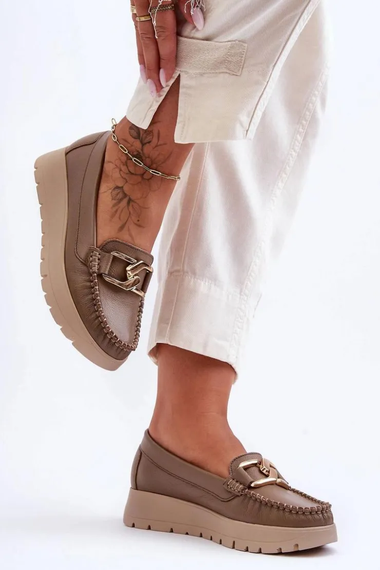 Online Zazoo 10141 Skórzane Mokasyny Na Platformie Z Ozdobą Ciemnobeżowe