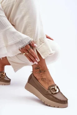 Online Zazoo 10141 Skórzane Mokasyny Na Platformie Z Ozdobą Ciemnobeżowe