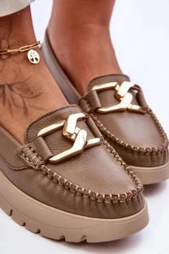 Online Zazoo 10141 Skórzane Mokasyny Na Platformie Z Ozdobą Ciemnobeżowe