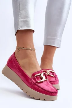 Zazoo Mokasyny Damskie Skórzane|Mokasyny Na Platformie*10141 Skórzane Mokasyny Na Platformie Z Ozdobą Fuksja