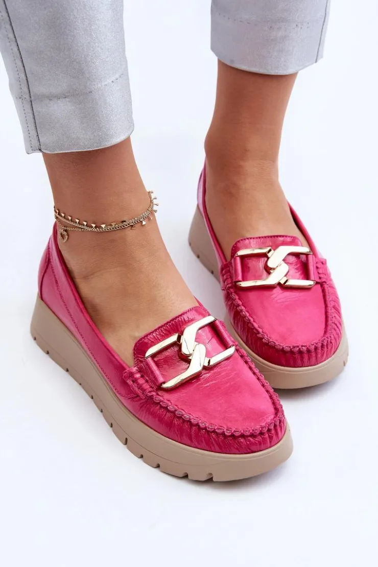 Zazoo Mokasyny Damskie Skórzane|Mokasyny Na Platformie*10141 Skórzane Mokasyny Na Platformie Z Ozdobą Fuksja