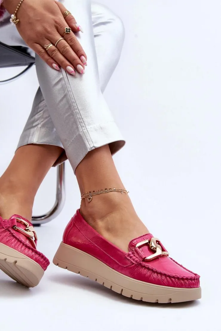 Zazoo Mokasyny Damskie Skórzane|Mokasyny Na Platformie*10141 Skórzane Mokasyny Na Platformie Z Ozdobą Fuksja
