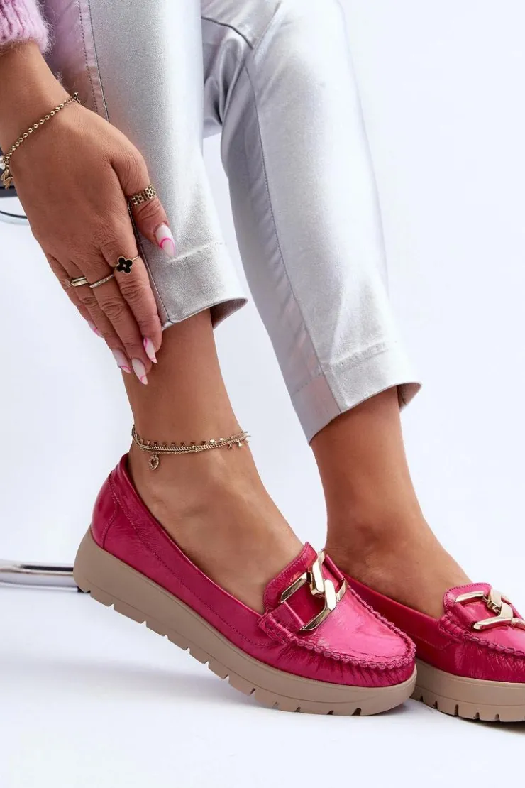 Zazoo Mokasyny Damskie Skórzane|Mokasyny Na Platformie*10141 Skórzane Mokasyny Na Platformie Z Ozdobą Fuksja