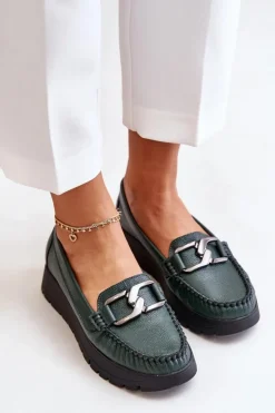 Best Zazoo 10141 Skórzane Mokasyny Na Platformie Z Ozdobą Ciemnozielone Zielony