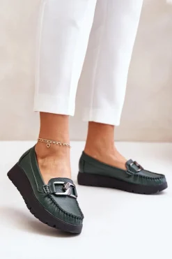 Best Zazoo 10141 Skórzane Mokasyny Na Platformie Z Ozdobą Ciemnozielone Zielony