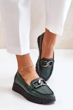 Best Zazoo 10141 Skórzane Mokasyny Na Platformie Z Ozdobą Ciemnozielone Zielony