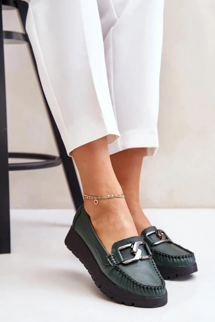 Best Zazoo 10141 Skórzane Mokasyny Na Platformie Z Ozdobą Ciemnozielone Zielony