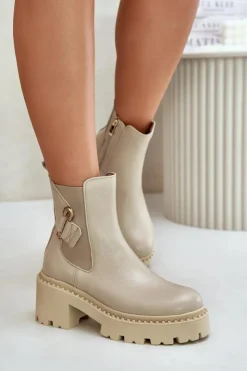 Zazoo Botki Ocieplane|Botki Zimowe Damskie*60490 Skórzane Ocieplane Botki Z Ozdobą Jasnobeżowe Beżowy