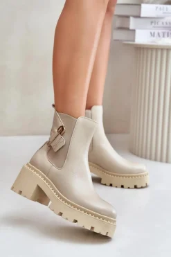 Zazoo Botki Ocieplane|Botki Zimowe Damskie*60490 Skórzane Ocieplane Botki Z Ozdobą Jasnobeżowe Beżowy