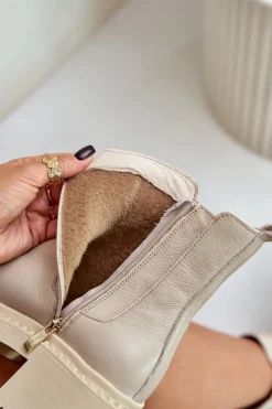 Zazoo Botki Ocieplane|Botki Zimowe Damskie*60490 Skórzane Ocieplane Botki Z Ozdobą Jasnobeżowe Beżowy