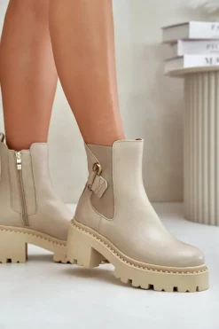 Zazoo Botki Ocieplane|Botki Zimowe Damskie*60490 Skórzane Ocieplane Botki Z Ozdobą Jasnobeżowe Beżowy