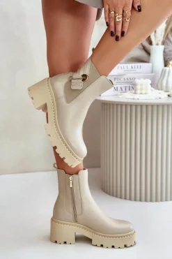 Zazoo Botki Ocieplane|Botki Zimowe Damskie*60490 Skórzane Ocieplane Botki Z Ozdobą Jasnobeżowe Beżowy