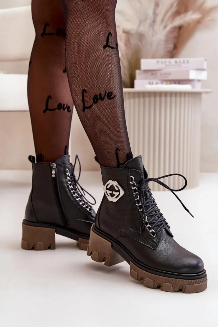 Damskie Boto Zazoo 60376 Skórzane Ocieplane Botki Na Suwak Czarne