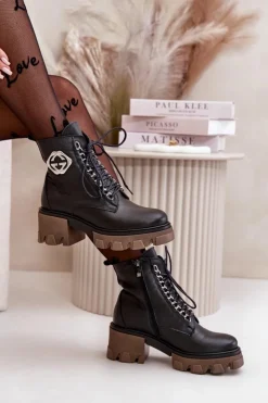 Damskie Boto Zazoo 60376 Skórzane Ocieplane Botki Na Suwak Czarne