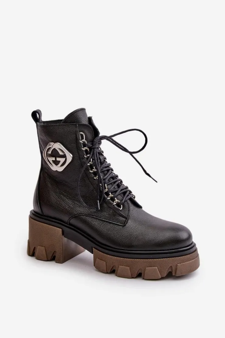 Damskie Boto Zazoo 60376 Skórzane Ocieplane Botki Na Suwak Czarne