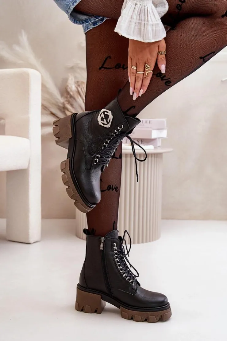 Damskie Boto Zazoo 60376 Skórzane Ocieplane Botki Na Suwak Czarne