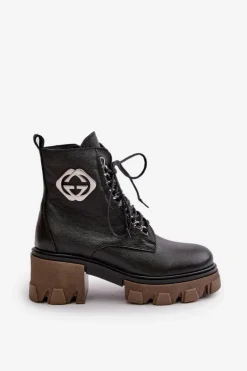 Damskie Boto Zazoo 60376 Skórzane Ocieplane Botki Na Suwak Czarne