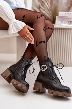 Damskie Boto Zazoo 60376 Skórzane Ocieplane Botki Na Suwak Czarne