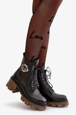 Damskie Boto Zazoo 60376 Skórzane Ocieplane Botki Na Suwak Czarne