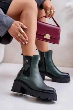 Damskie Zazoo 60490 Skórzane Ocieplane Botki Z Ozdobą Ciemnozielone