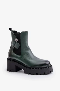 Damskie Zazoo 60490 Skórzane Ocieplane Botki Z Ozdobą Ciemnozielone