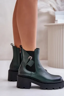 Damskie Zazoo 60490 Skórzane Ocieplane Botki Z Ozdobą Ciemnozielone