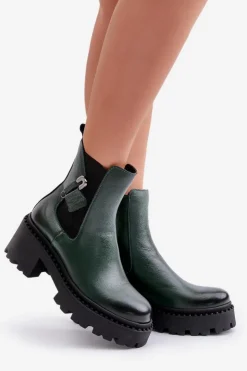 Damskie Zazoo 60490 Skórzane Ocieplane Botki Z Ozdobą Ciemnozielone