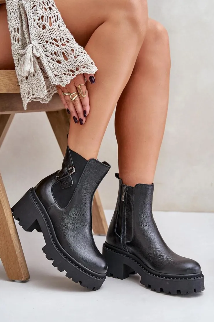 Zazoo 60490 Skórzane Ocieplane Botki Z Ozdobą Czarne Czarny