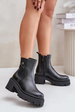 Zazoo 60490 Skórzane Ocieplane Botki Z Ozdobą Czarne Czarny