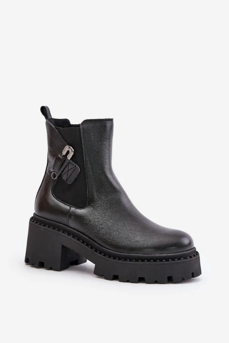 Zazoo 60490 Skórzane Ocieplane Botki Z Ozdobą Czarne Czarny