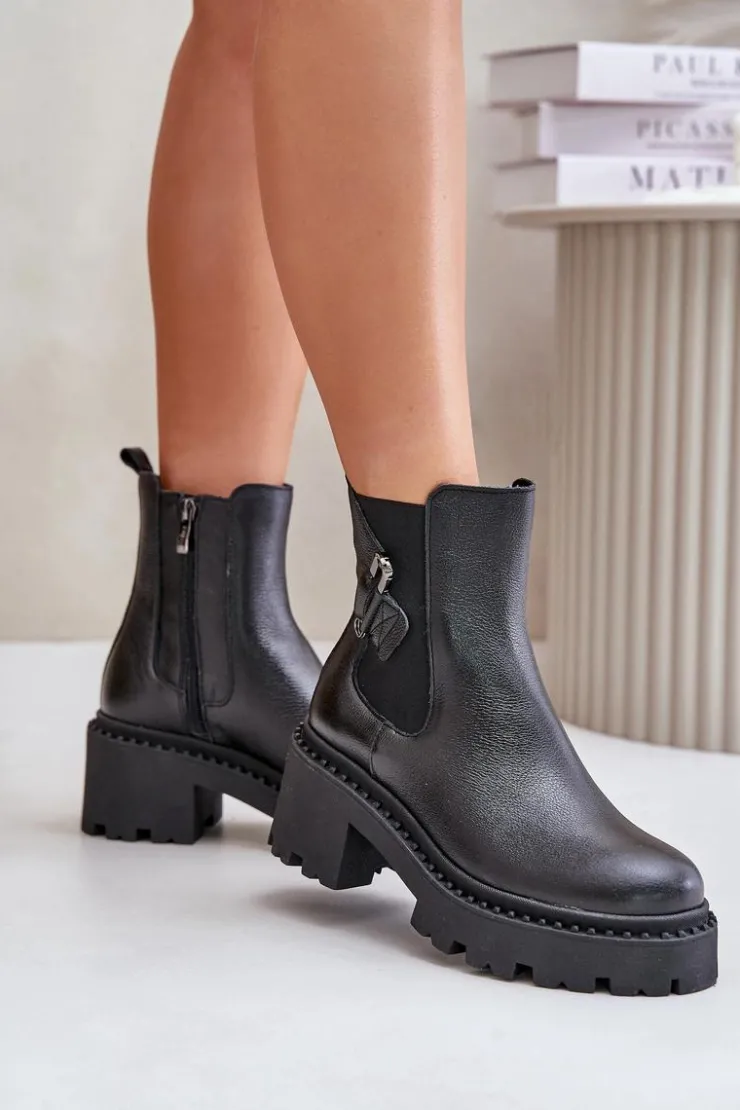 Zazoo 60490 Skórzane Ocieplane Botki Z Ozdobą Czarne Czarny