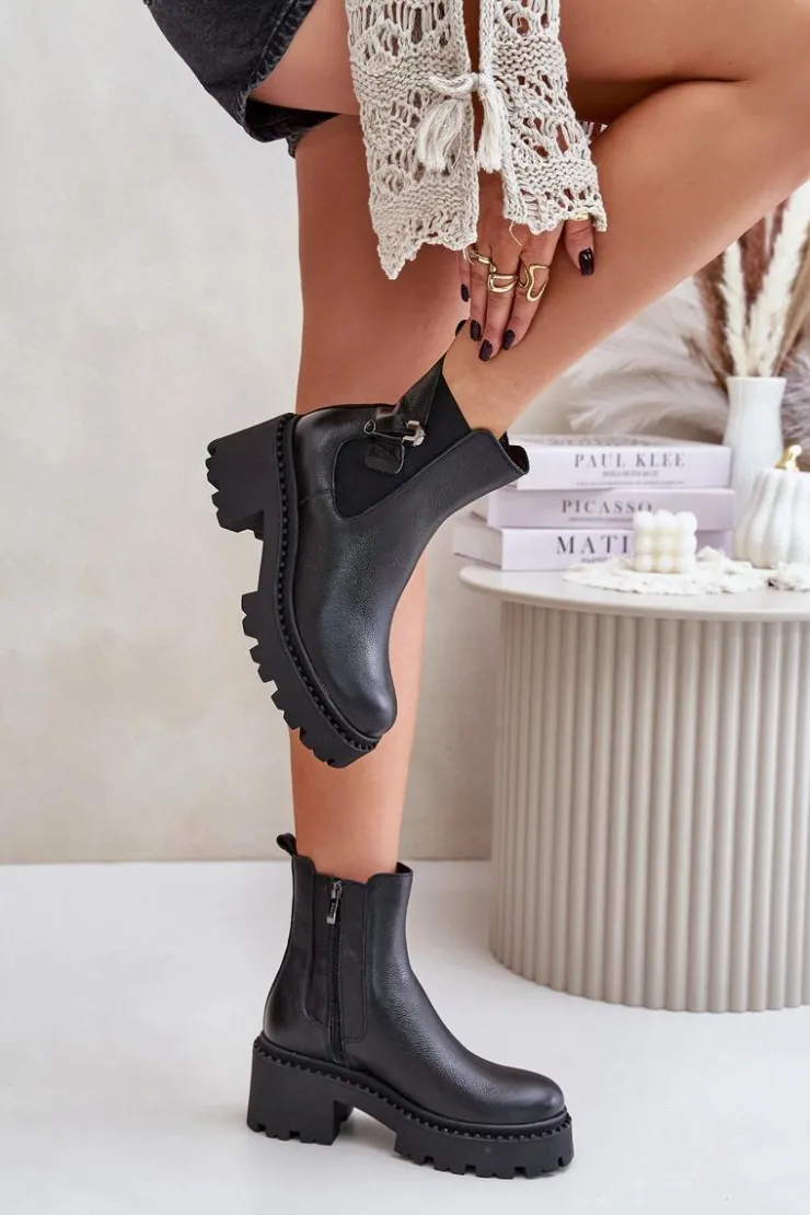 Zazoo 60490 Skórzane Ocieplane Botki Z Ozdobą Czarne Czarny