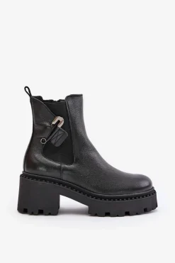 Zazoo 60490 Skórzane Ocieplane Botki Z Ozdobą Czarne Czarny