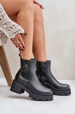 Zazoo 60490 Skórzane Ocieplane Botki Z Ozdobą Czarne Czarny