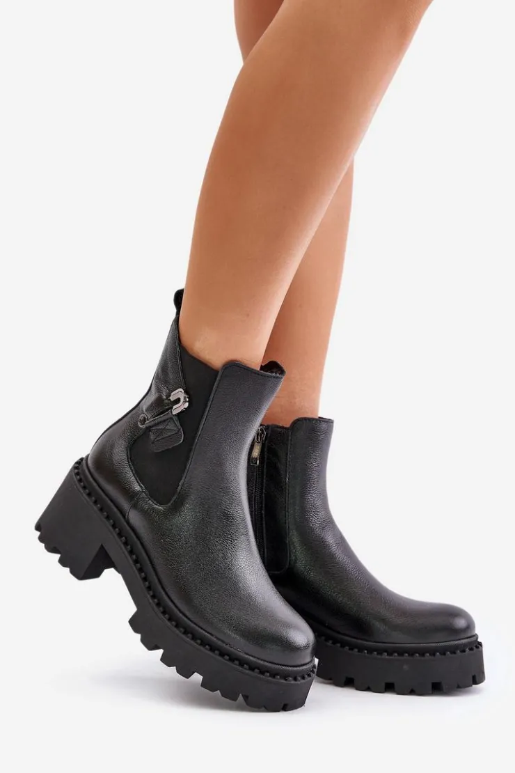 Zazoo 60490 Skórzane Ocieplane Botki Z Ozdobą Czarne Czarny