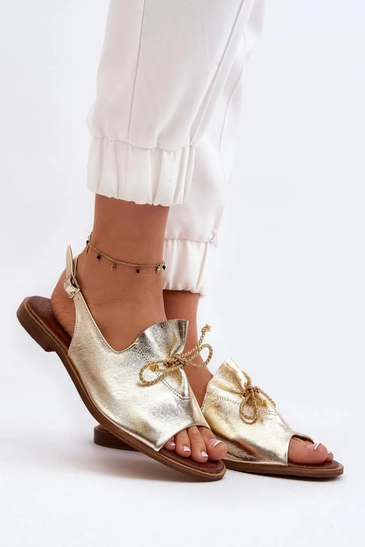 Zazoo Sandały Płaskie*2898 Skórzane Płaskie Sandały Złote Złoty