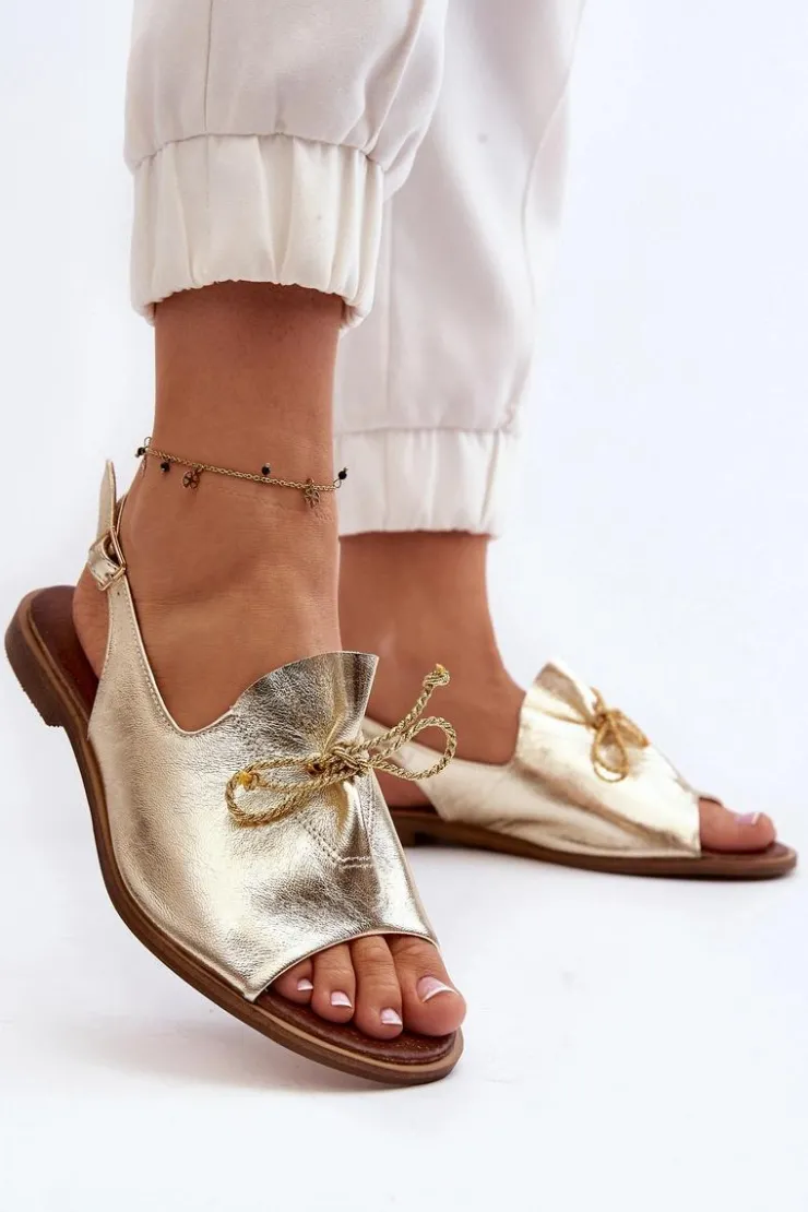 Zazoo Sandały Płaskie*2898 Skórzane Płaskie Sandały Złote Złoty