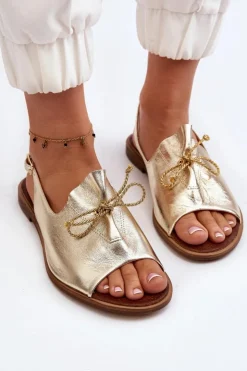 Zazoo Sandały Płaskie*2898 Skórzane Płaskie Sandały Złote Złoty