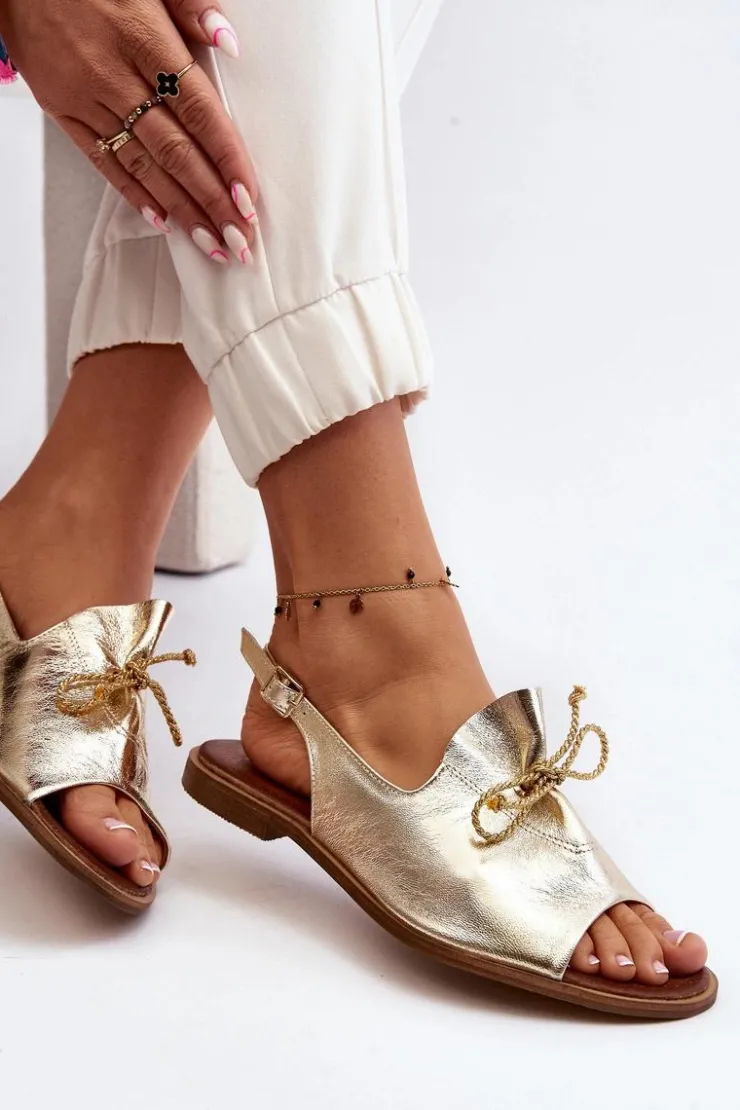 Zazoo Sandały Płaskie*2898 Skórzane Płaskie Sandały Złote Złoty