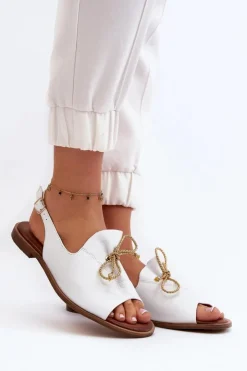 Damskie Zazoo 2898 Skórzane Płaskie Sandały Białe