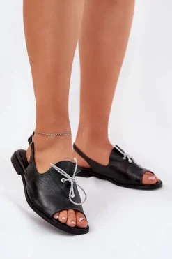 Damskie Zazoo 2898 Skórzane Płaskie Sandały Czarne